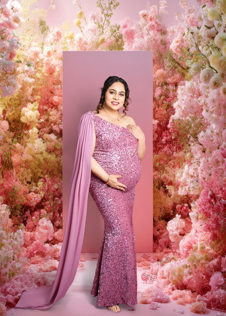 Luxury maternity photography in Cranbourne North studio with flowing couture gown