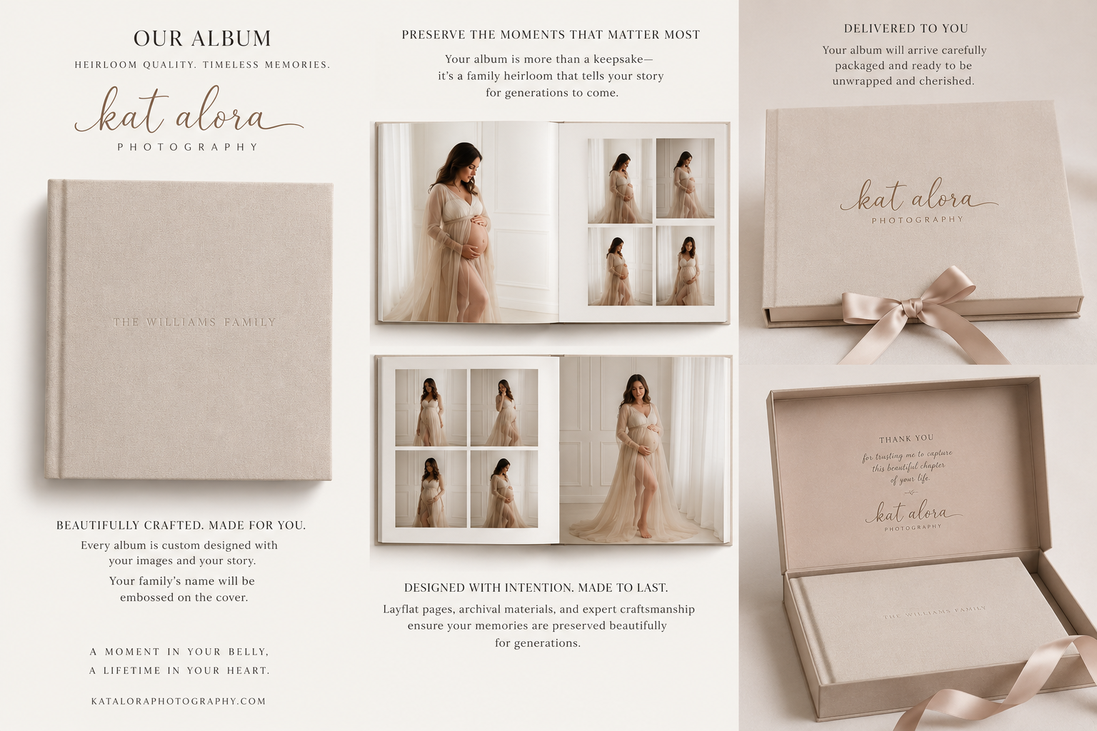 Luxury maternity photo album Melbourne by Kat Alora Photography featuring couture maternity portraits, fine art pregnancy photography, heirloom album design, and premium handcrafted finishes.