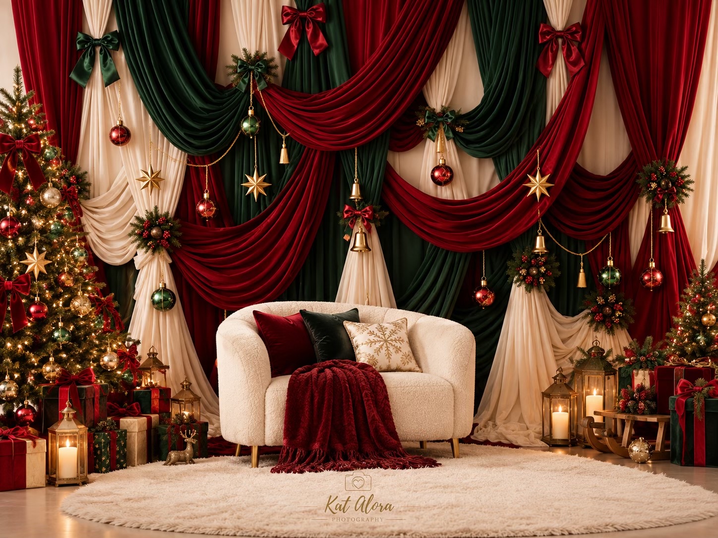 Classic Christmas 2026 photography backdrop at Kat Alora Photography in Cranbourne North, Melbourne, featuring burgundy and emerald green draping, decorated Christmas trees, gold ornaments and a cream sofa.