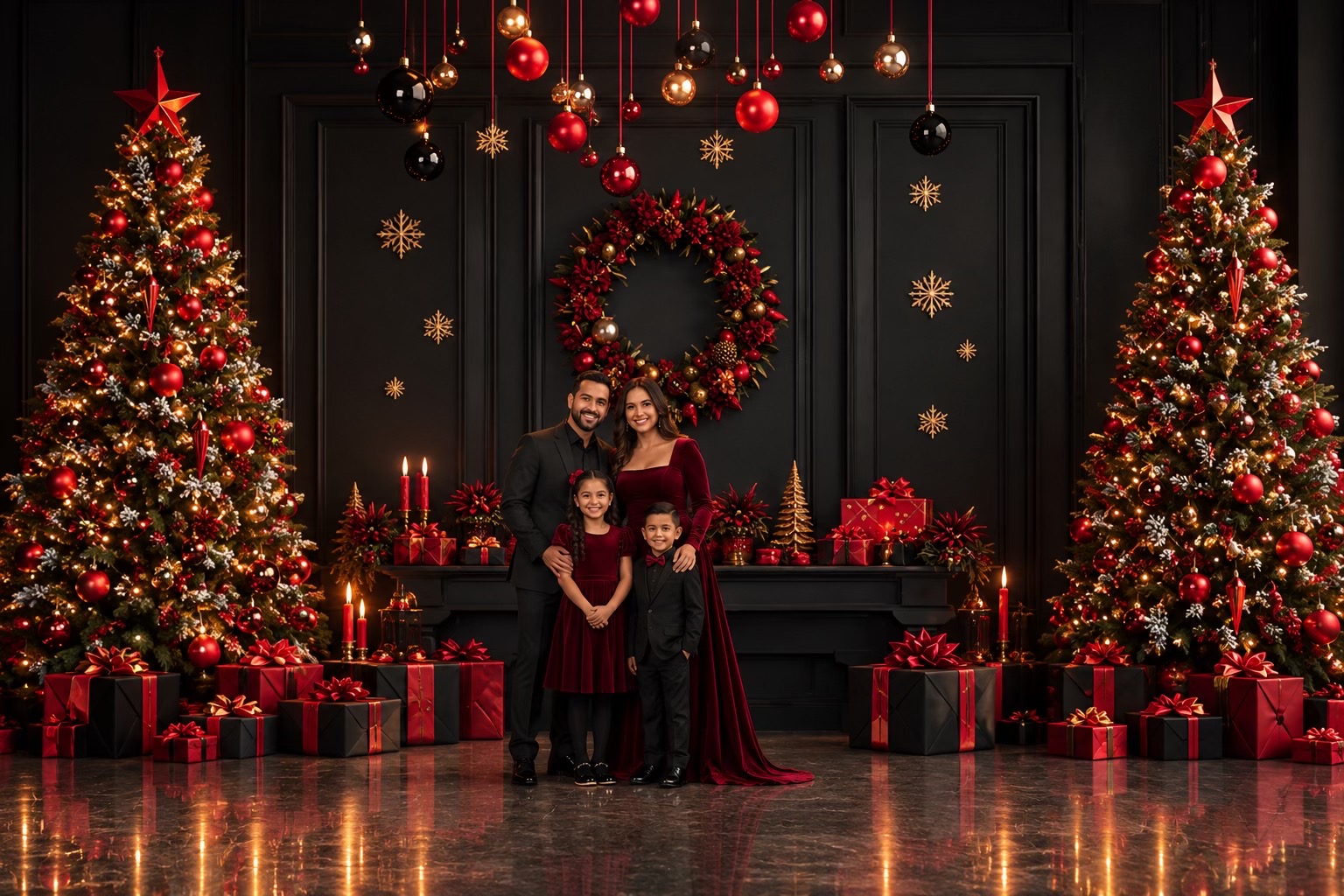 Family of four posing for Midnight Christmas 2026 portraits at Kat Alora Photography in Cranbourne North, Melbourne, surrounded by red and gold Christmas decorations, illuminated trees and an elegant black backdrop.