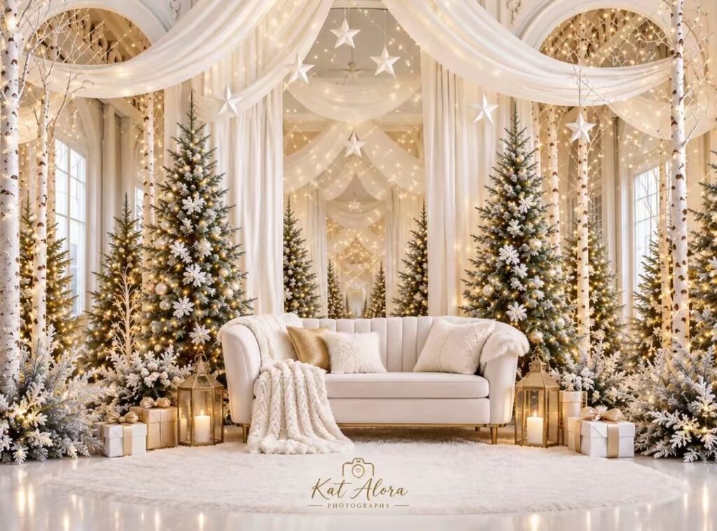 Elegant white and gold Christmas photography backdrop at Kat Alora Photography in Cranbourne North, Melbourne, featuring Christmas trees, fairy lights and a luxury cream sofa for 2026 Christmas mini sessions.