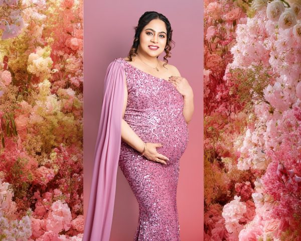 Luxury maternity photography in Cranbourne North studio with flowing couture gown