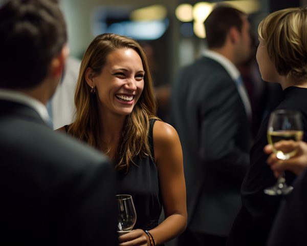 Group of businesspeople networking at a conference, interacting and making contacts at business event session.