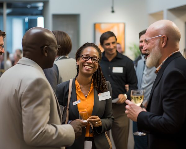 A group of business executives networking and socializing at a networking event, cheering with glasses of wine. Business professionals communicating at convention center